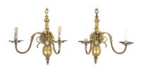 A Pair of Dutch Baroque Style Brass Two-Light Sconces, Height 17 1/2 inches.