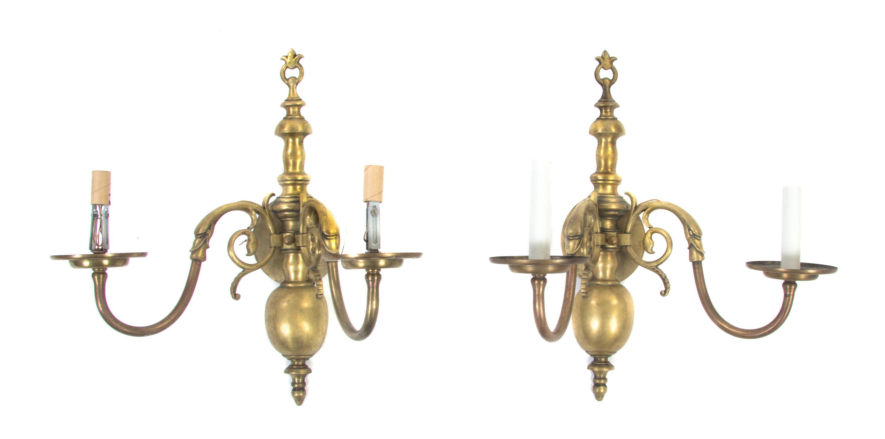 A Pair of Dutch Baroque Style Brass Two-Light Sconces, Height 17 1/2 inches.