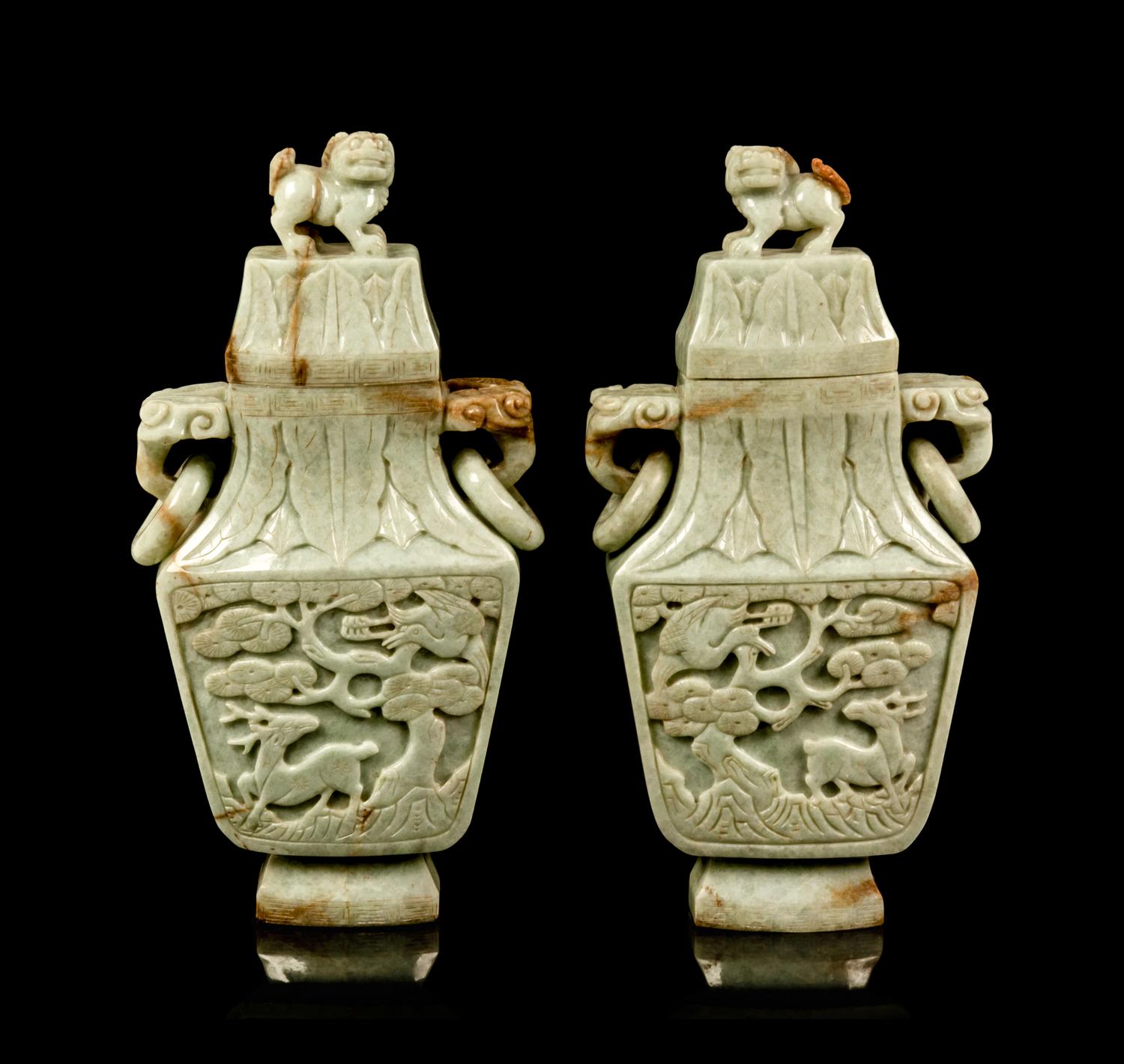 A Pair of Chinese Carved Celadon Jadeite Covered Vases