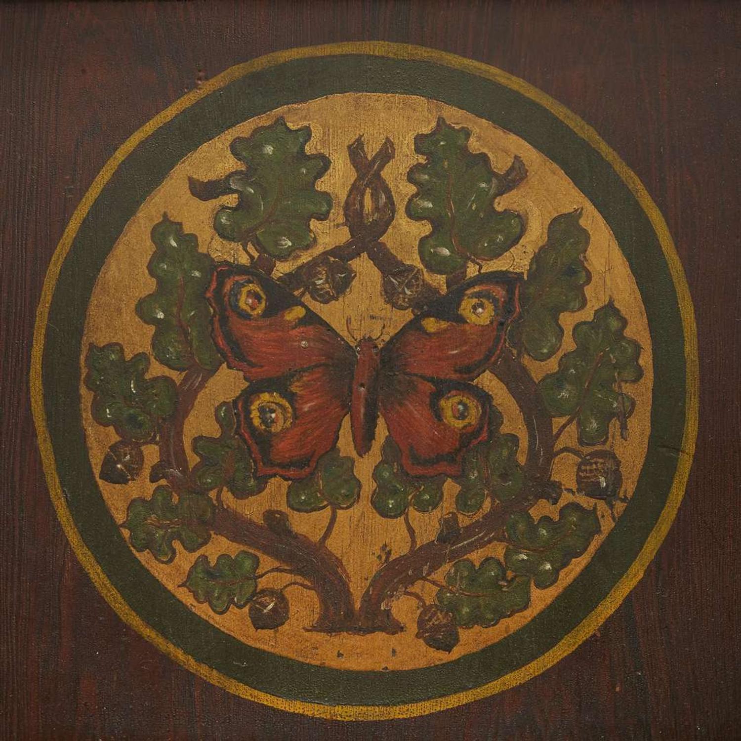 Set of eight stained and paint-decorated pine Gothic Revival 'Glastonbury-type' armchairs after a design by A.W. Pugin (1839-1841), circa 1900