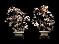 A Pair of Chinese Hardstone and Glass Plants