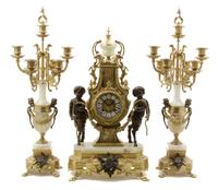 A Neoclassical Style Gilt Metal and Onyx Clock Garniture, Height of first 24 inches.