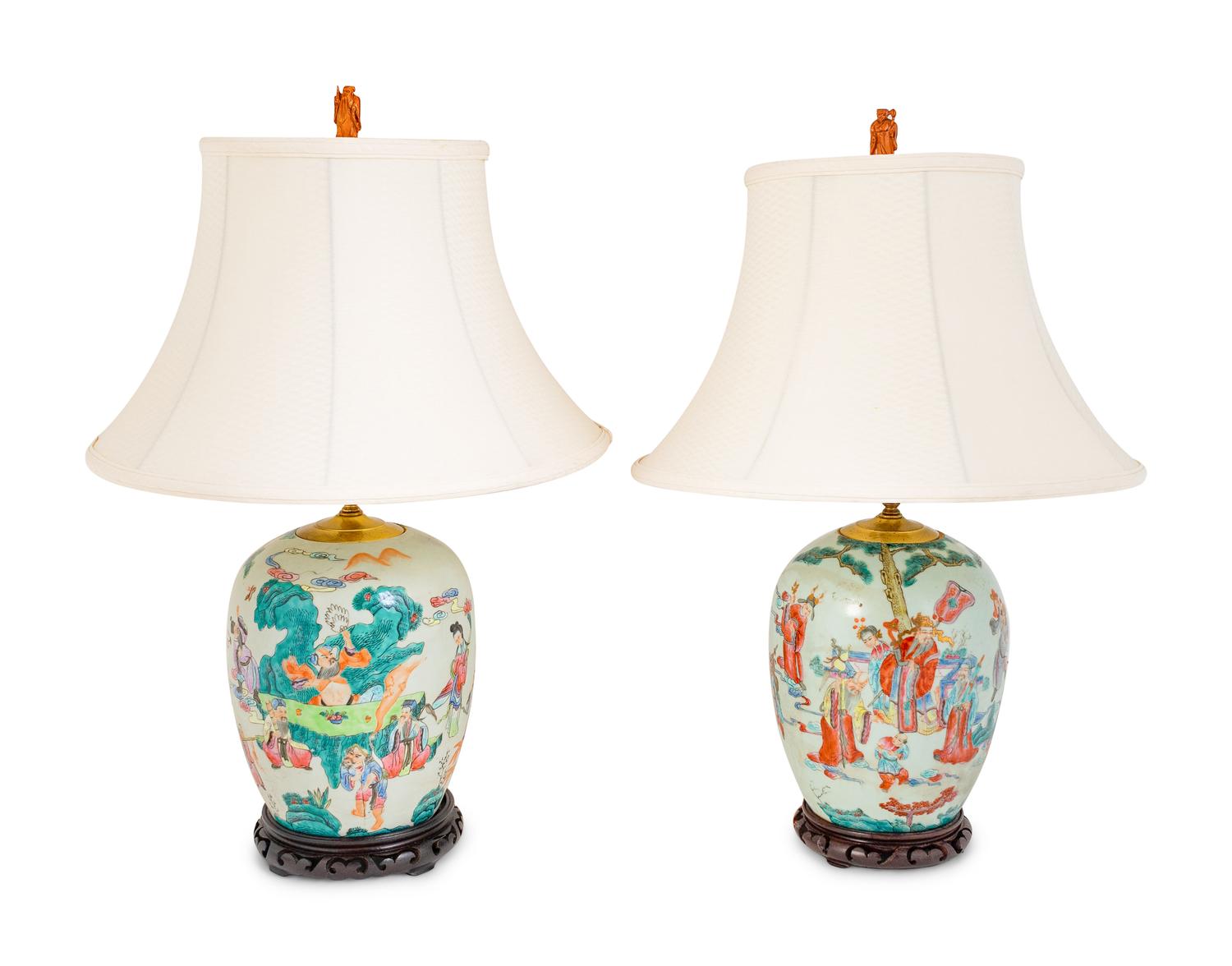 A Pair of Famille Verte Porcelain Jars Mounted as Lamps