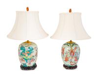 A Pair of Famille Verte Porcelain Jars Mounted as Lamps