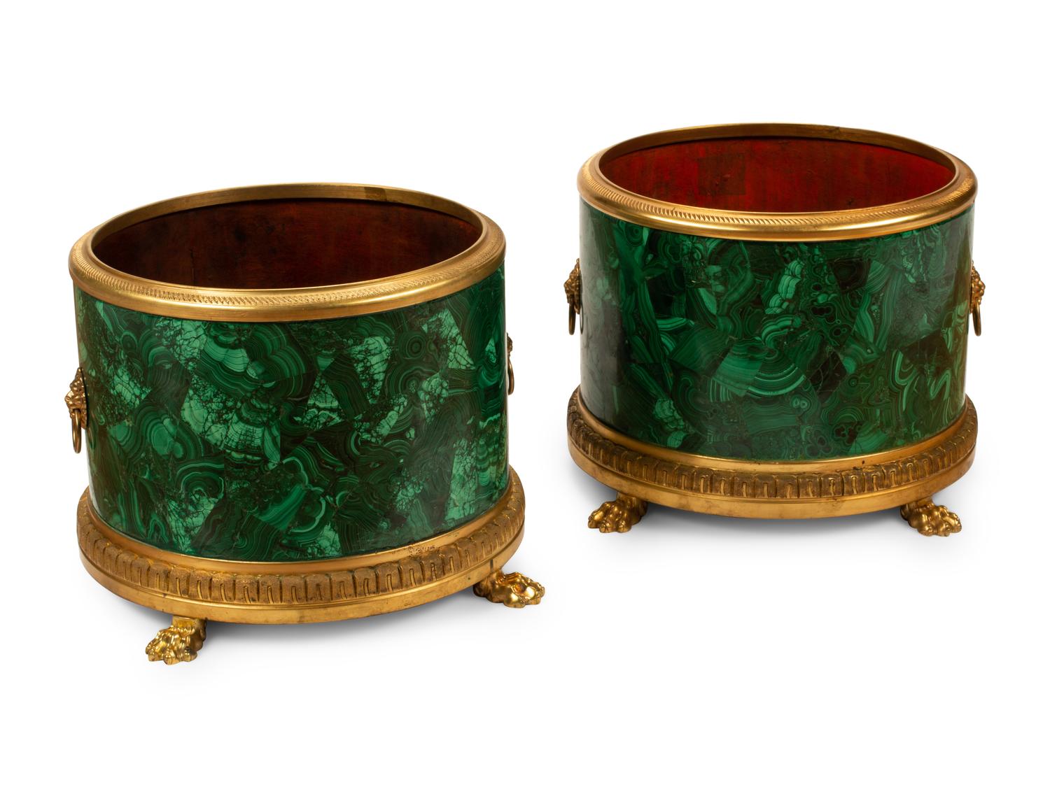 A Pair of Gilt Bronze Mounted Malachite Jardinieres