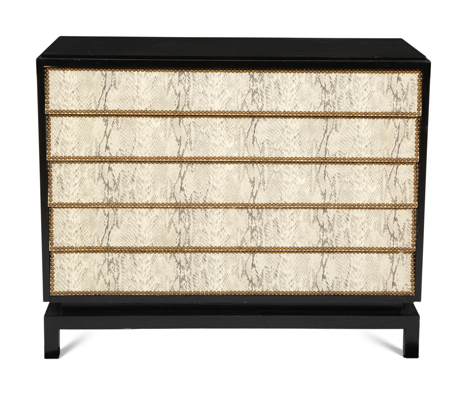 A Pair of Custom Black Painted Chests of Drawers with Faux-Python Veneered Drawer Fronts