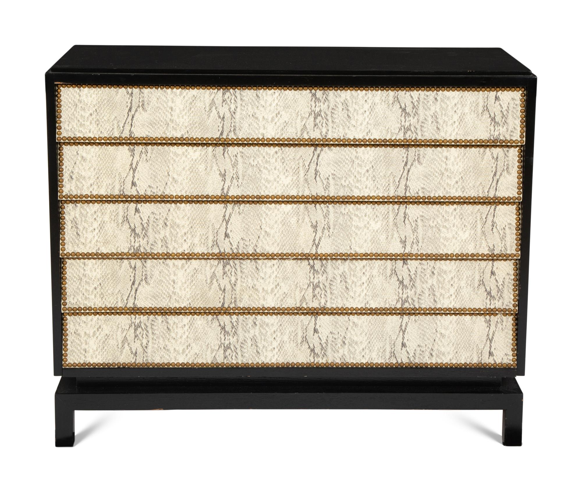 A Pair of Custom Black Painted Chests of Drawers with Faux-Python Veneered Drawer Fronts