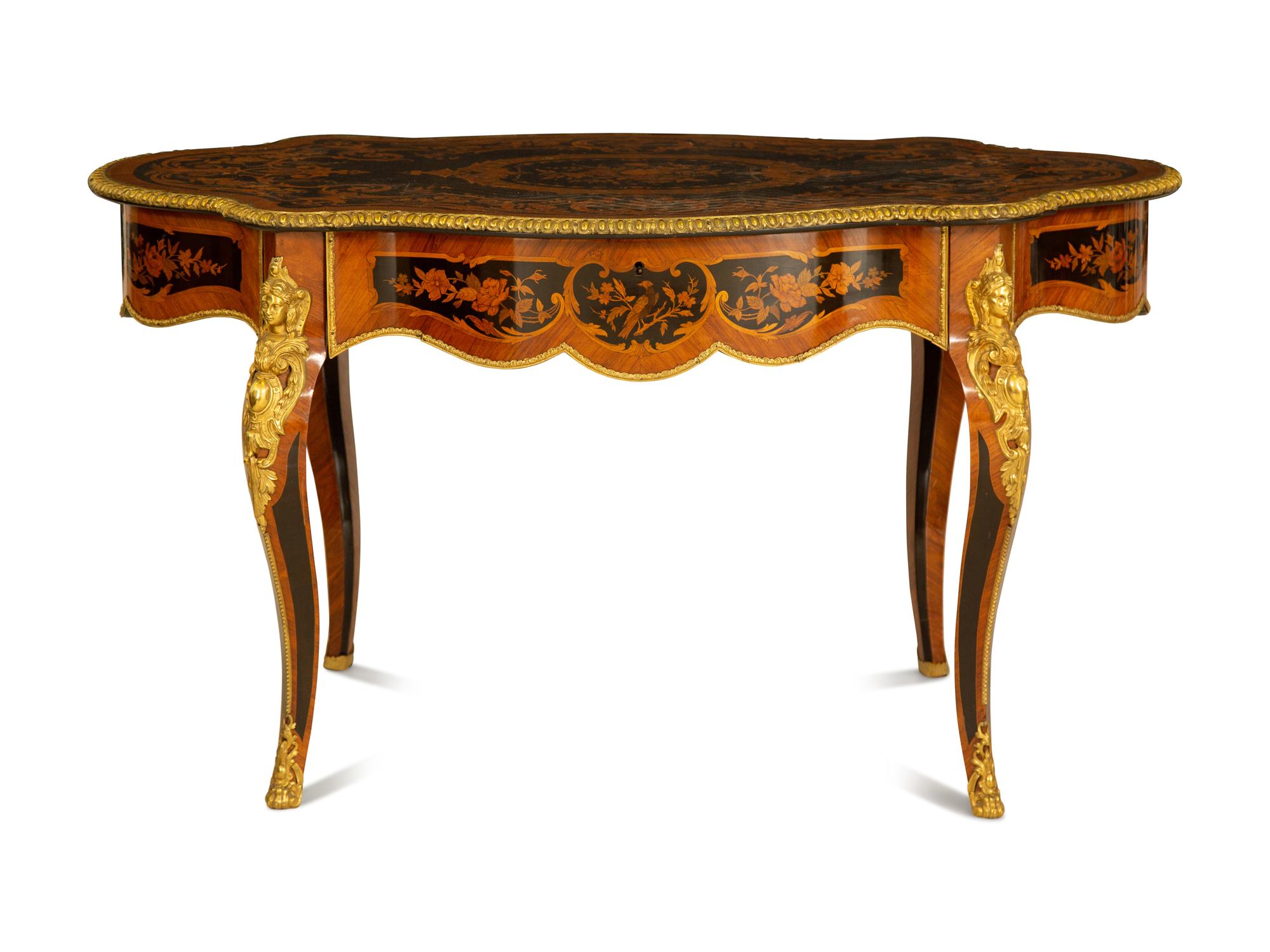 A Napoleon III Style Gilt Bronze Mounted Marquetry Center Table