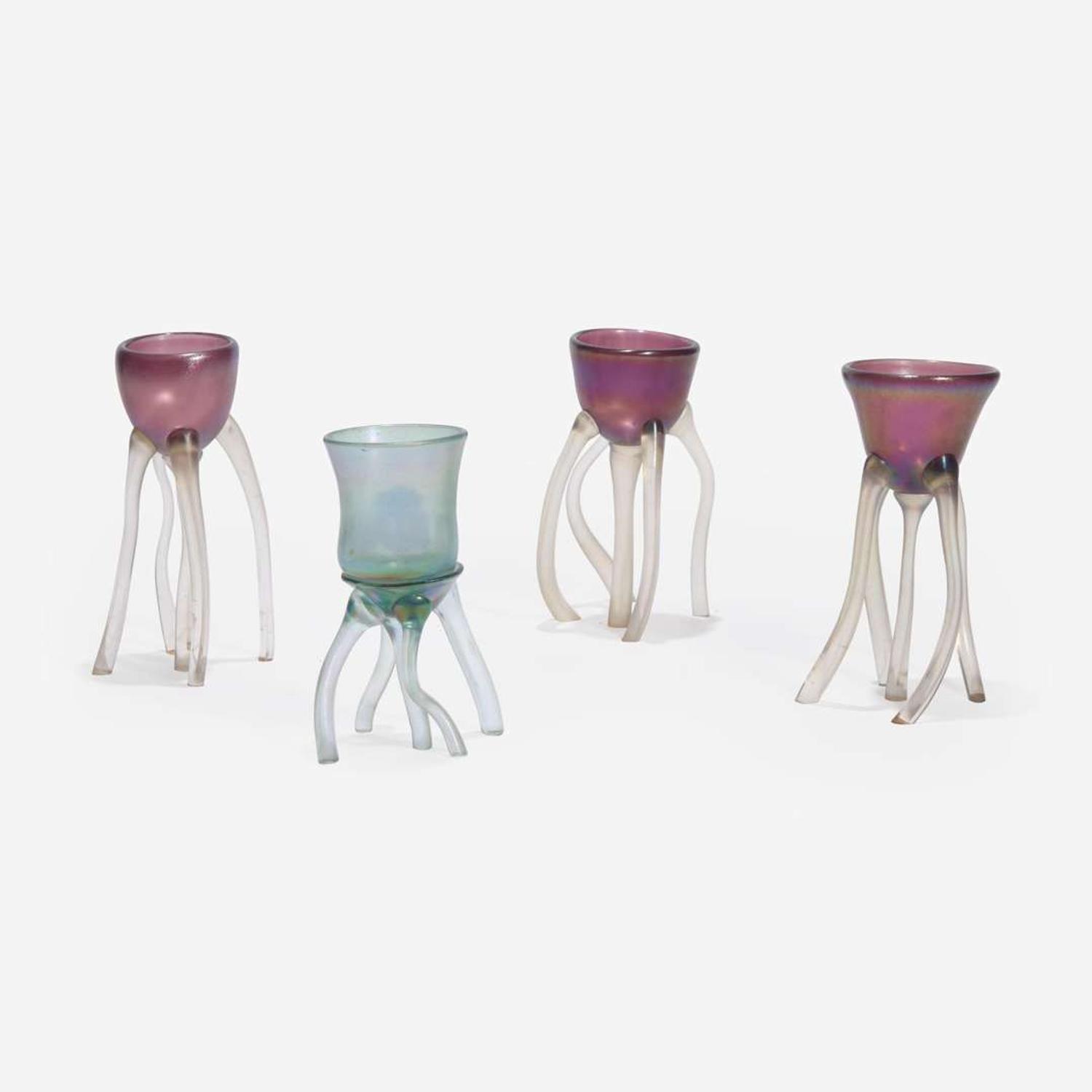 Toots Zynsky (American, b. 1951) Group of Four Early Blown Glass Leg Goblets, USA, circa 1970s