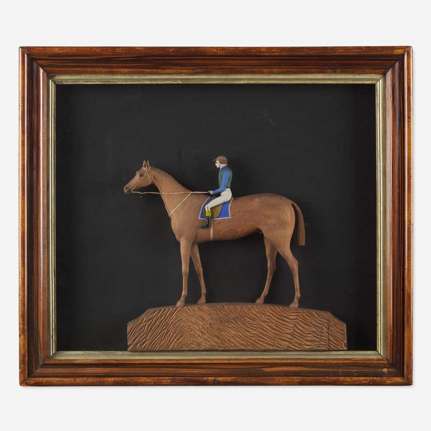 John Stormonth (Scottish, 19th century) A large carved and painted diorama of a horse and jockey, dated "1872"