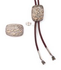 Southwestern Tufa Cast Silver Buffalo Bolo Tie, Belt Buckle, and Ring, with 14K Gold Accents
