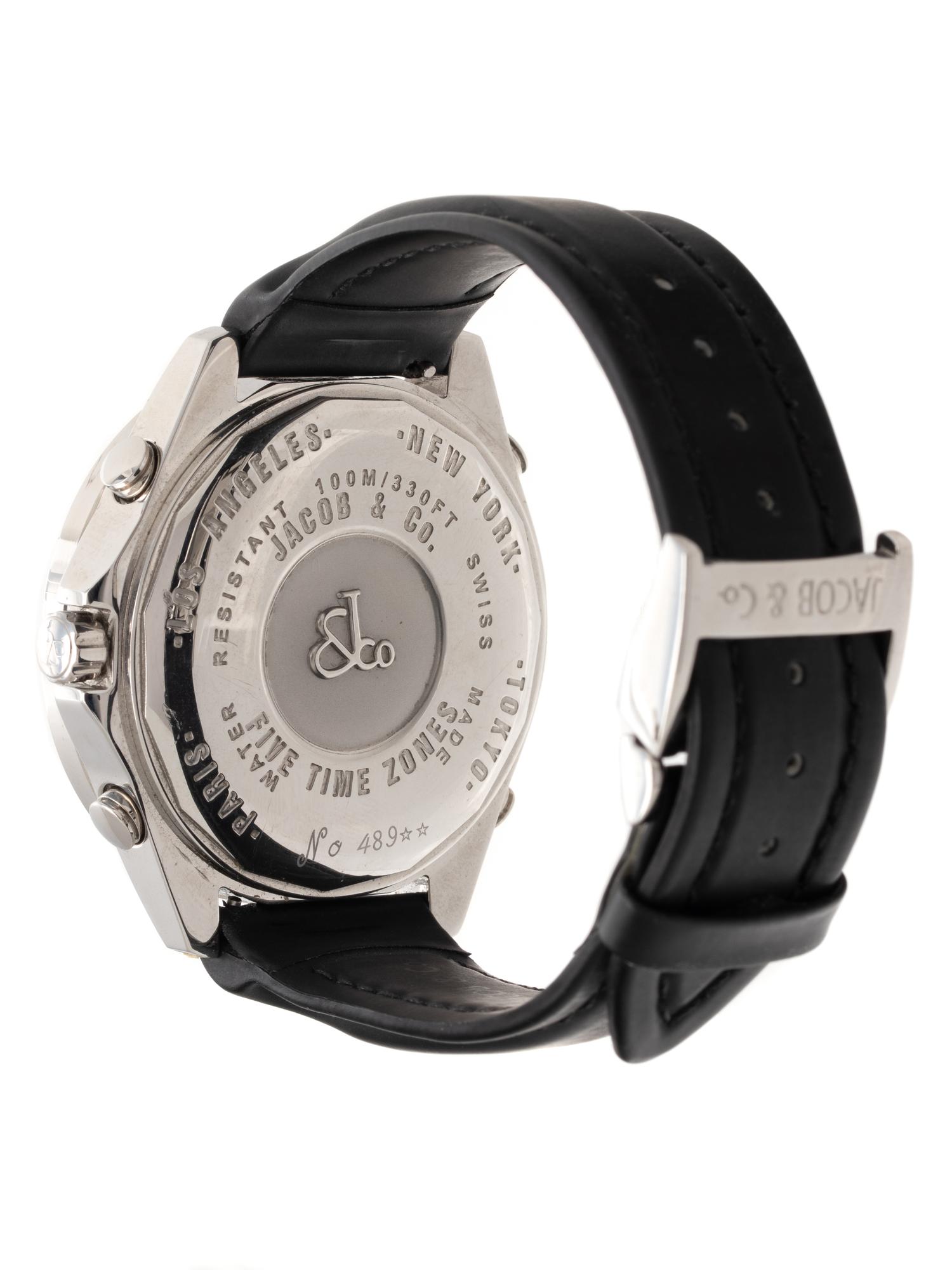 JACOB & CO., STAINLESS STEEL AND DIAMOND 'FIVE TIME ZONE' WRISTWATCH