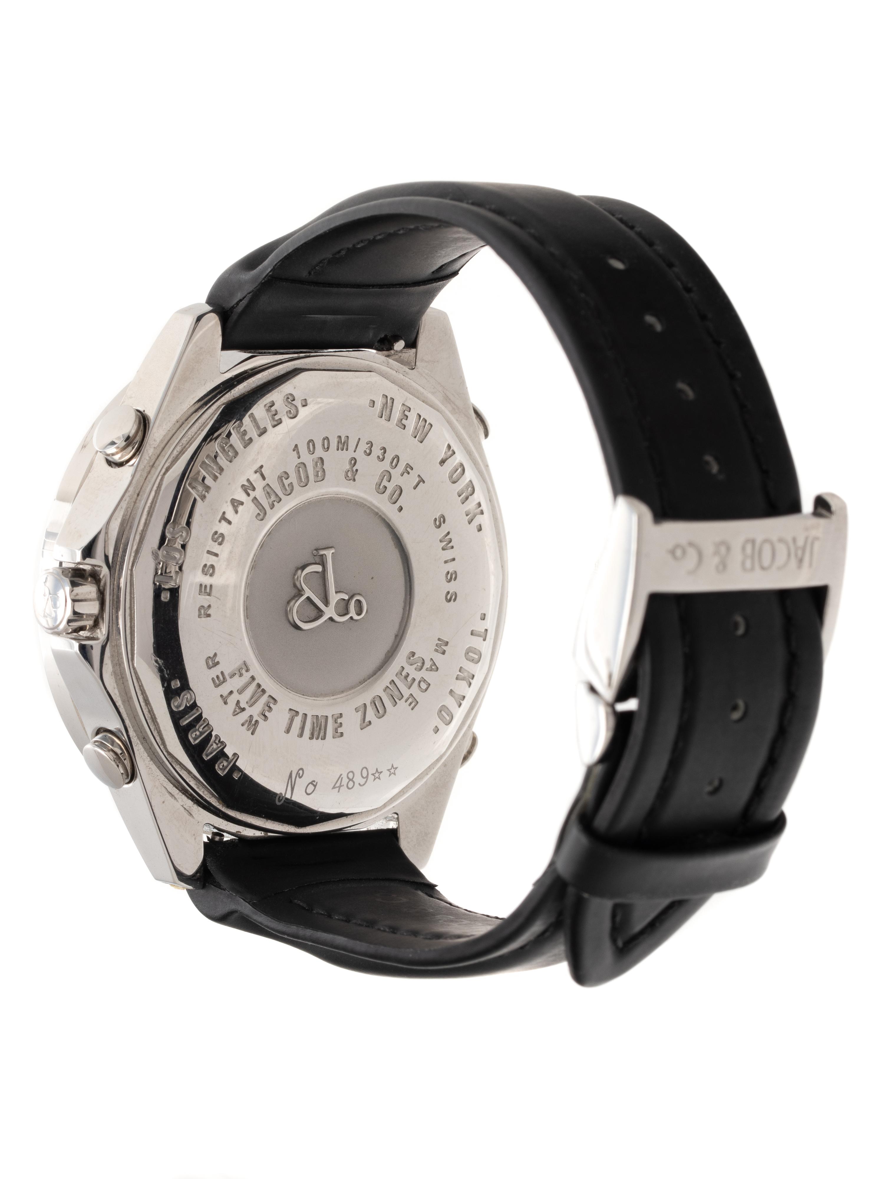 JACOB & CO., STAINLESS STEEL AND DIAMOND 'FIVE TIME ZONE' WRISTWATCH