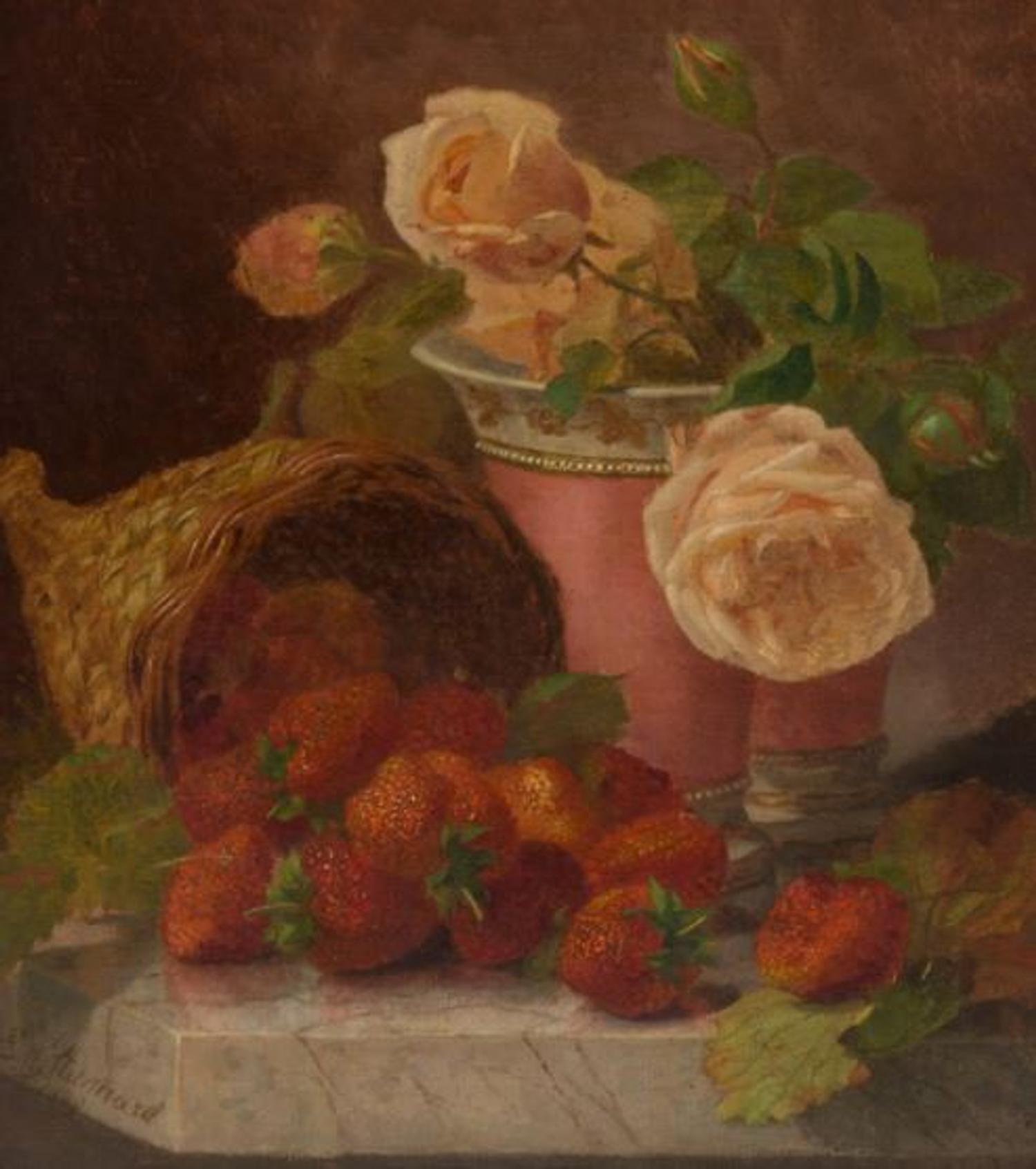 Pink Roses in Vase and Strawberries Falling From Basket