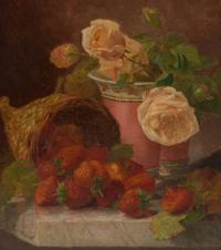 Pink Roses in Vase and Strawberries Falling From Basket