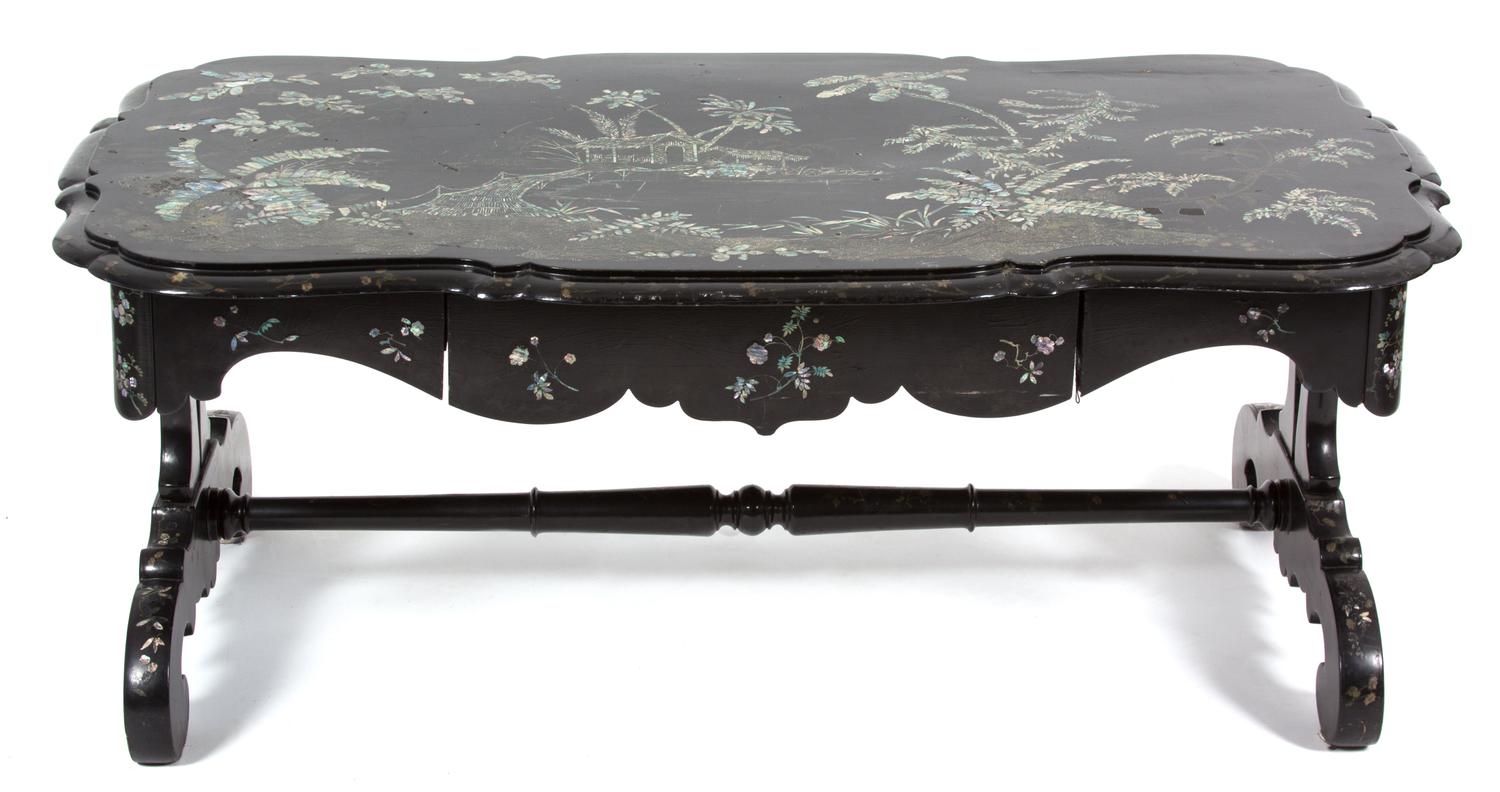 A Victorian Black Lacquered and Mother-of-Pearl Inset Low Table Height 20 x width 50 x depth 28 inches. — 19TH CENTURY