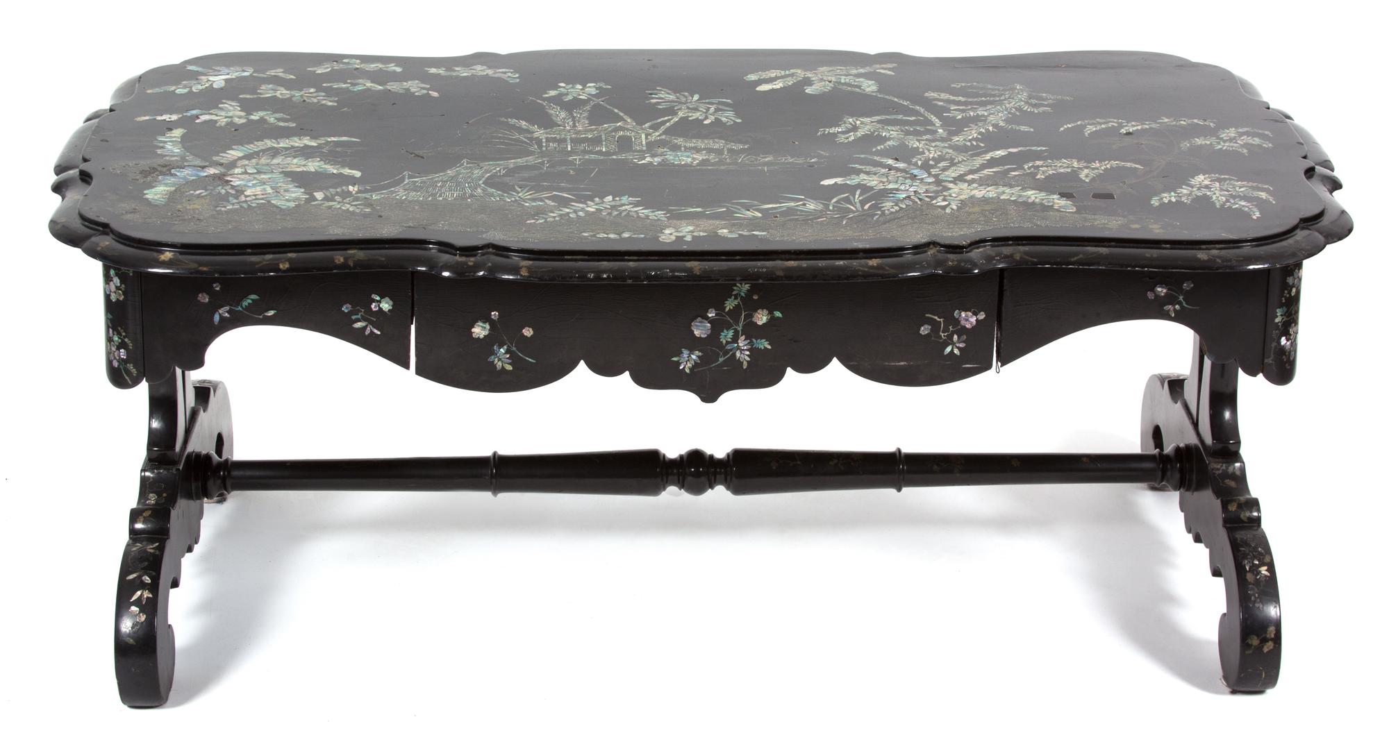 A Victorian Black Lacquered and Mother-of-Pearl Inset Low Table Height 20 x width 50 x depth 28 inches. — 19TH CENTURY