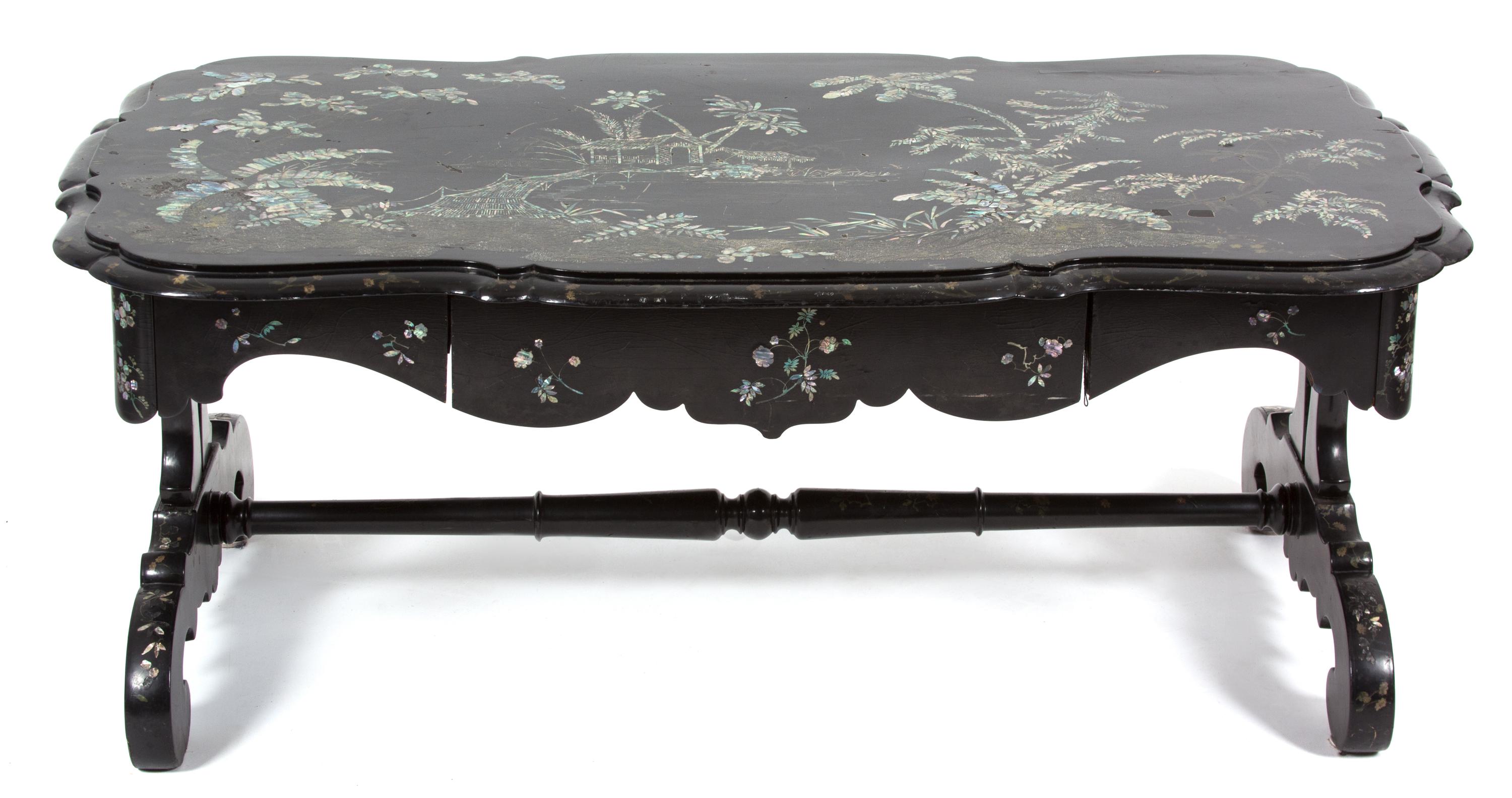 A Victorian Black Lacquered and Mother-of-Pearl Inset Low Table Height 20 x width 50 x depth 28 inches. — 19TH CENTURY
