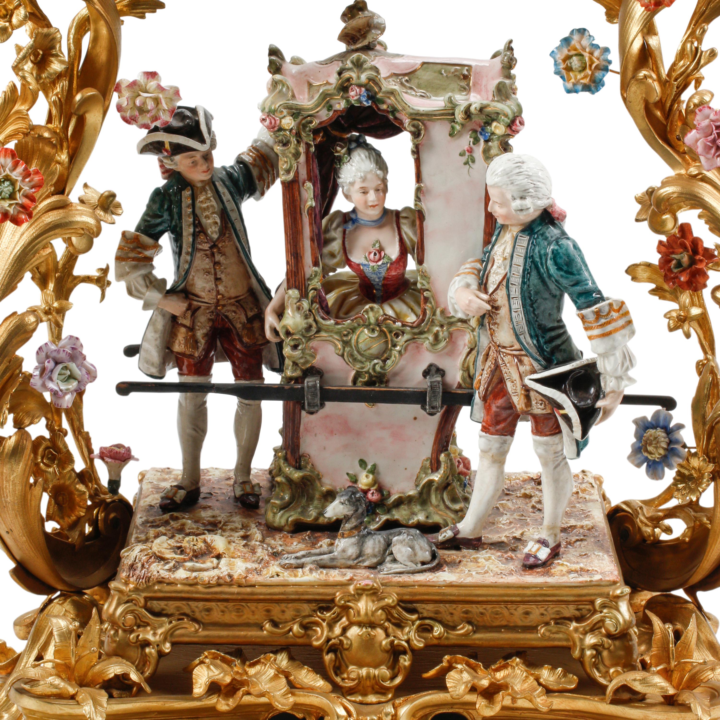 A Large Louis XV Style Gilt Bronze and Porcelain Mounted Clock