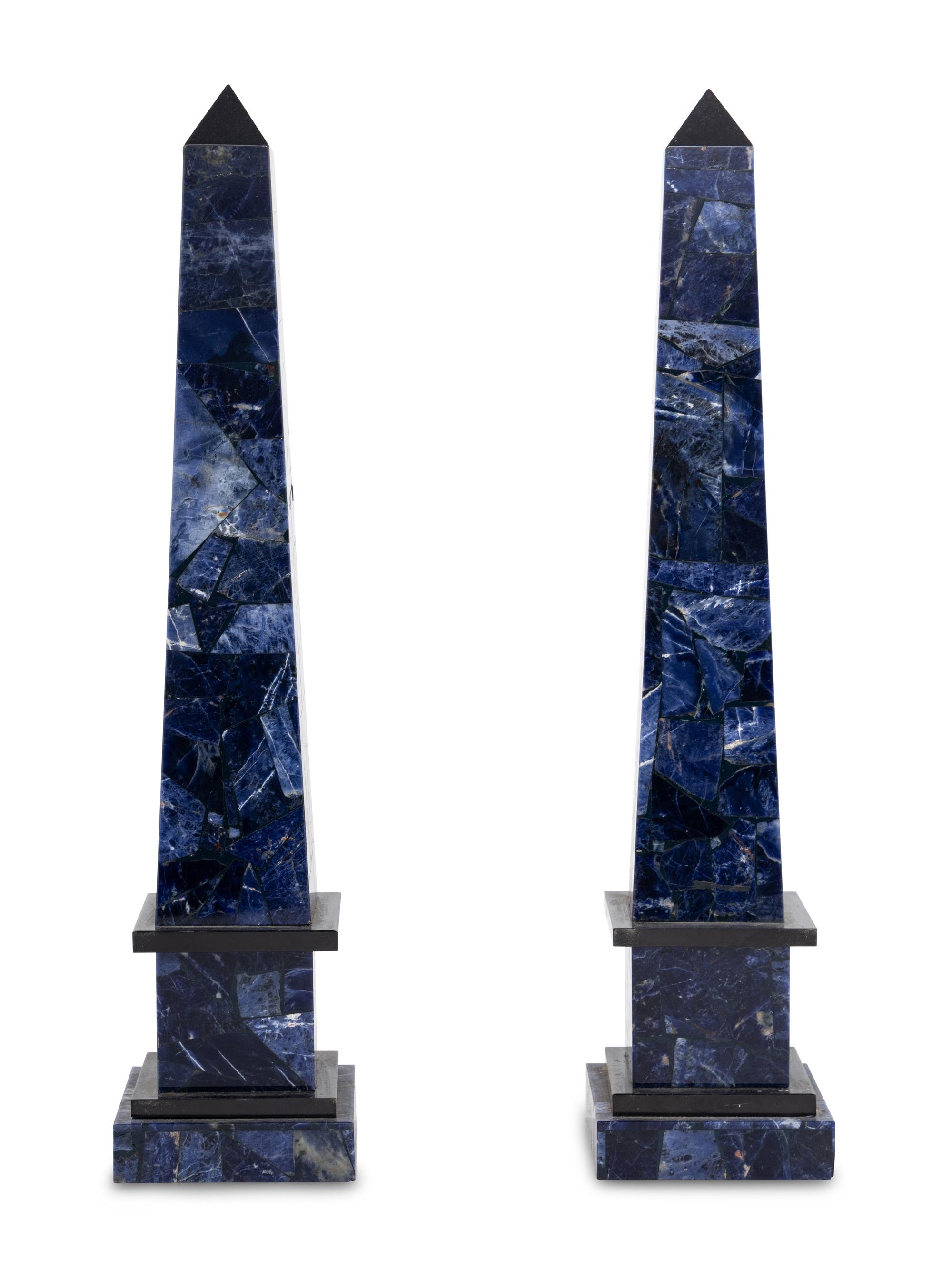 A Pair of Blue Quartz-Veneered Obelisks