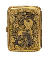 A Japanese Gilt Decorated Silver Cigarette Case, 20th Century, decorated with a mountain view, the reverse with birds in a garden setti
