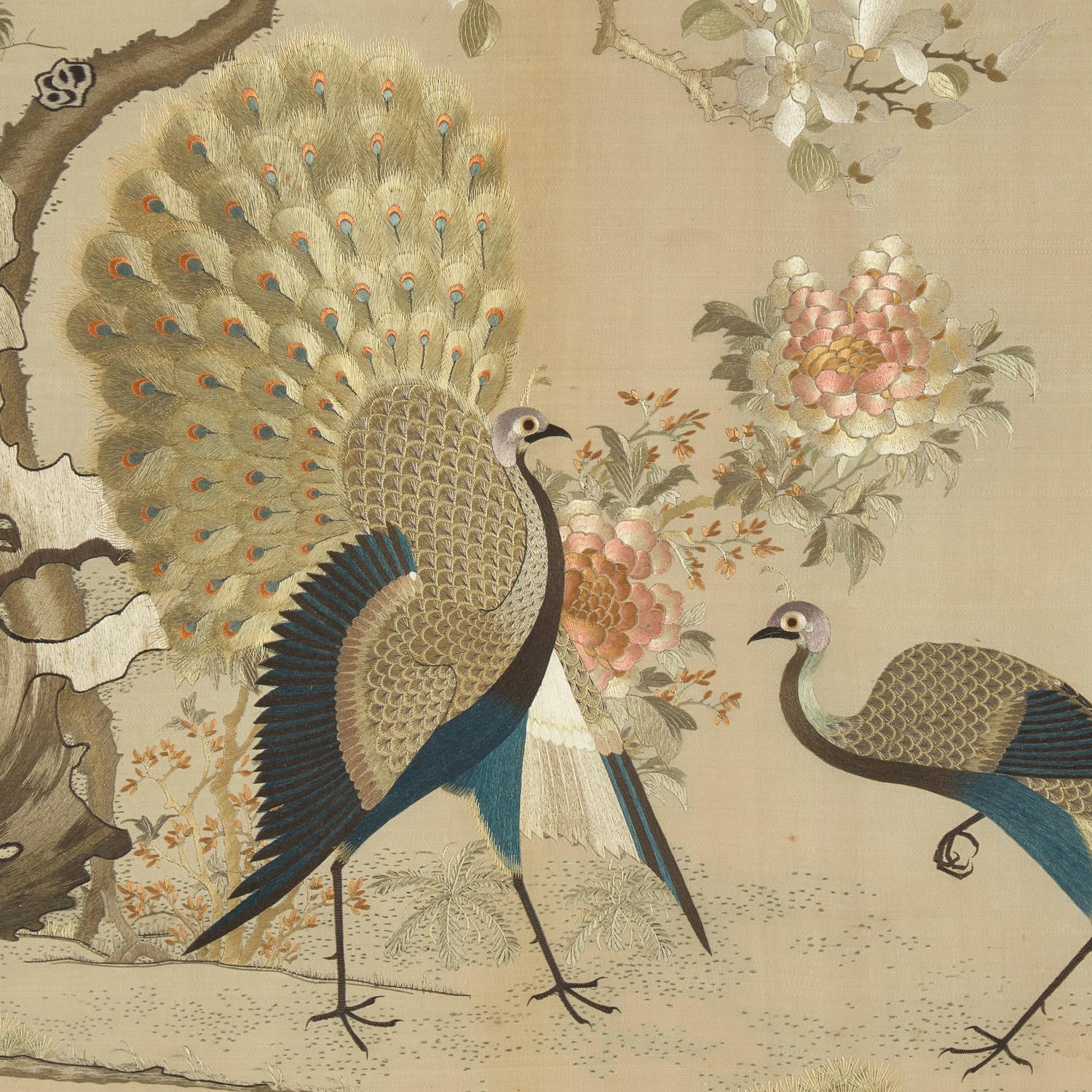 A Cantonese Silk Needlework "Peacocks and Cranes" Panel, 19th Century — 清晚期 粵綉孔雀圖鏡框