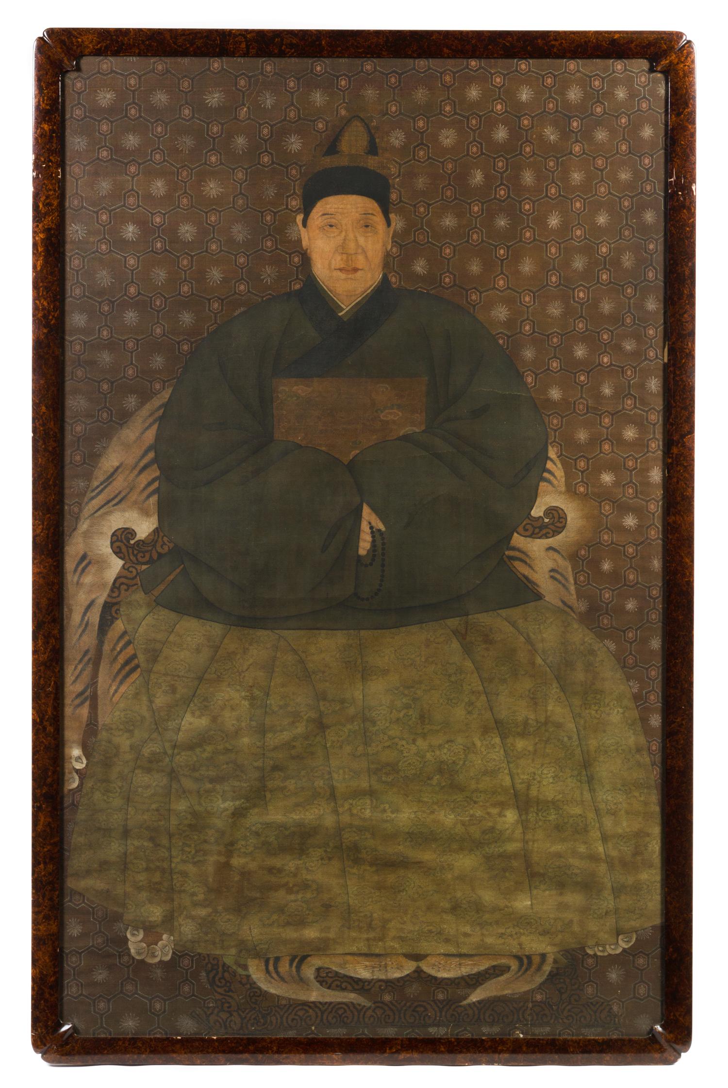 A Set of Two Ancestor Portraits, , depicting a couple each seated in a horseshoe back armchair, wearing voluminous robes, with a calm e