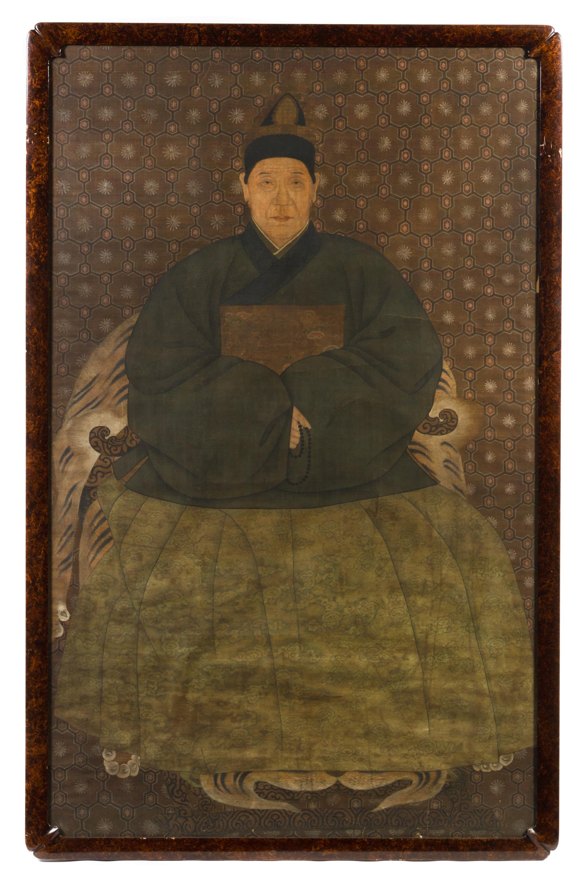 A Set of Two Ancestor Portraits, , depicting a couple each seated in a horseshoe back armchair, wearing voluminous robes, with a calm e