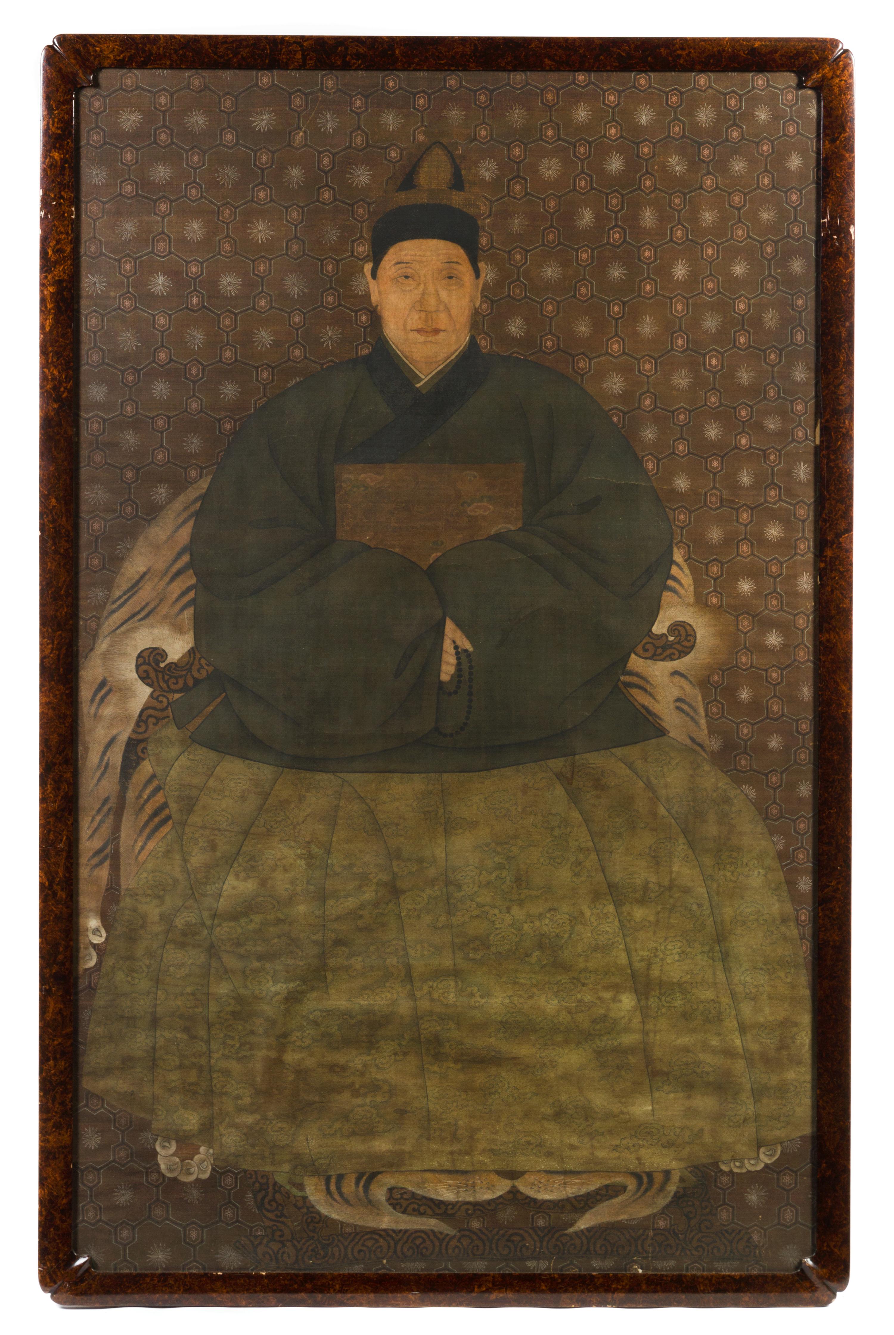 A Set of Two Ancestor Portraits, , depicting a couple each seated in a horseshoe back armchair, wearing voluminous robes, with a calm e