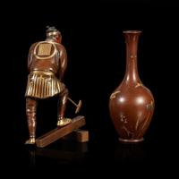 A small Japanese patinated bronze figure of a woodcutter and a mixed-metal vase Meiji period