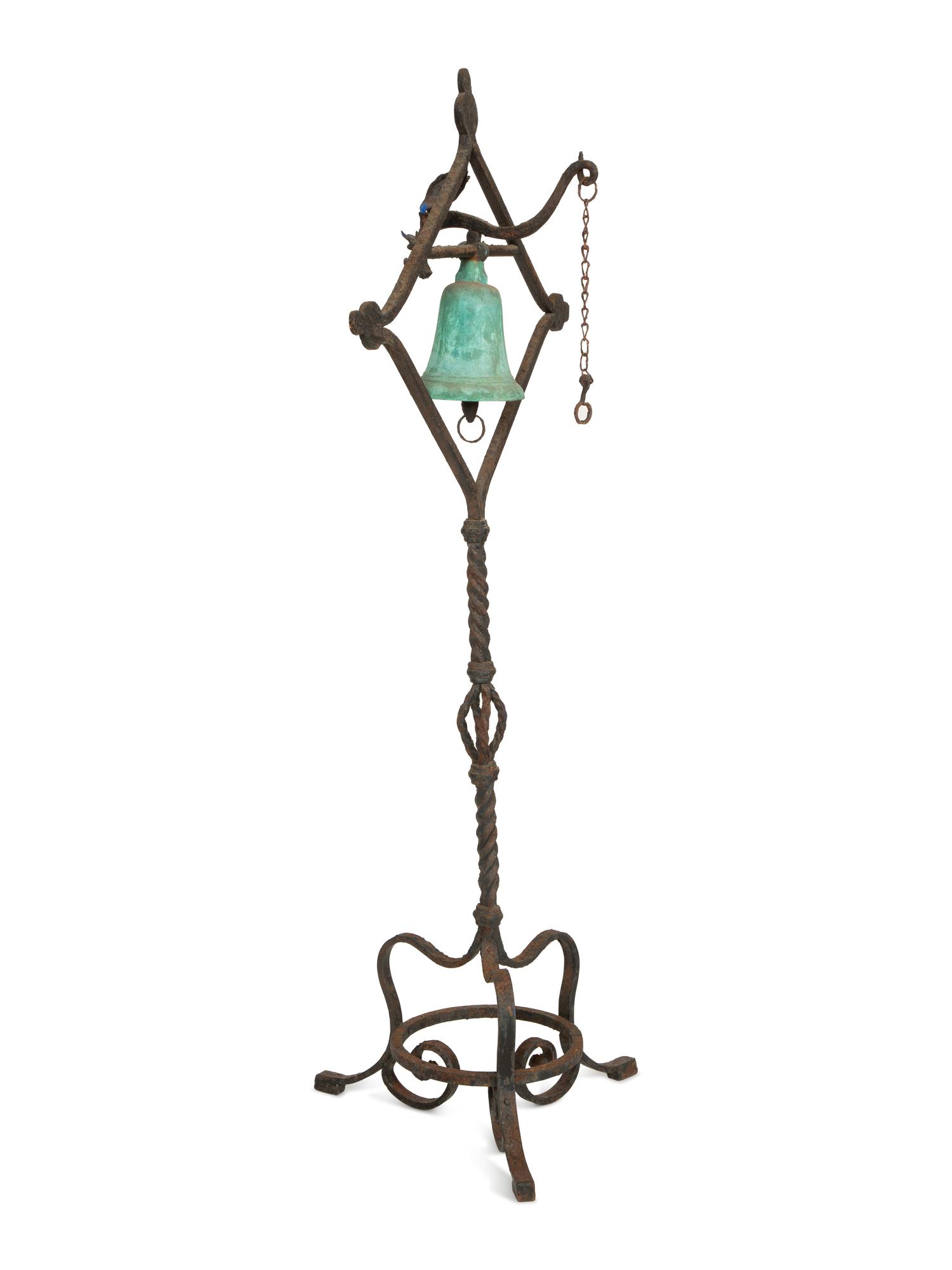 A Mizner Spanish Baroque Style Wrought Bell on Stand