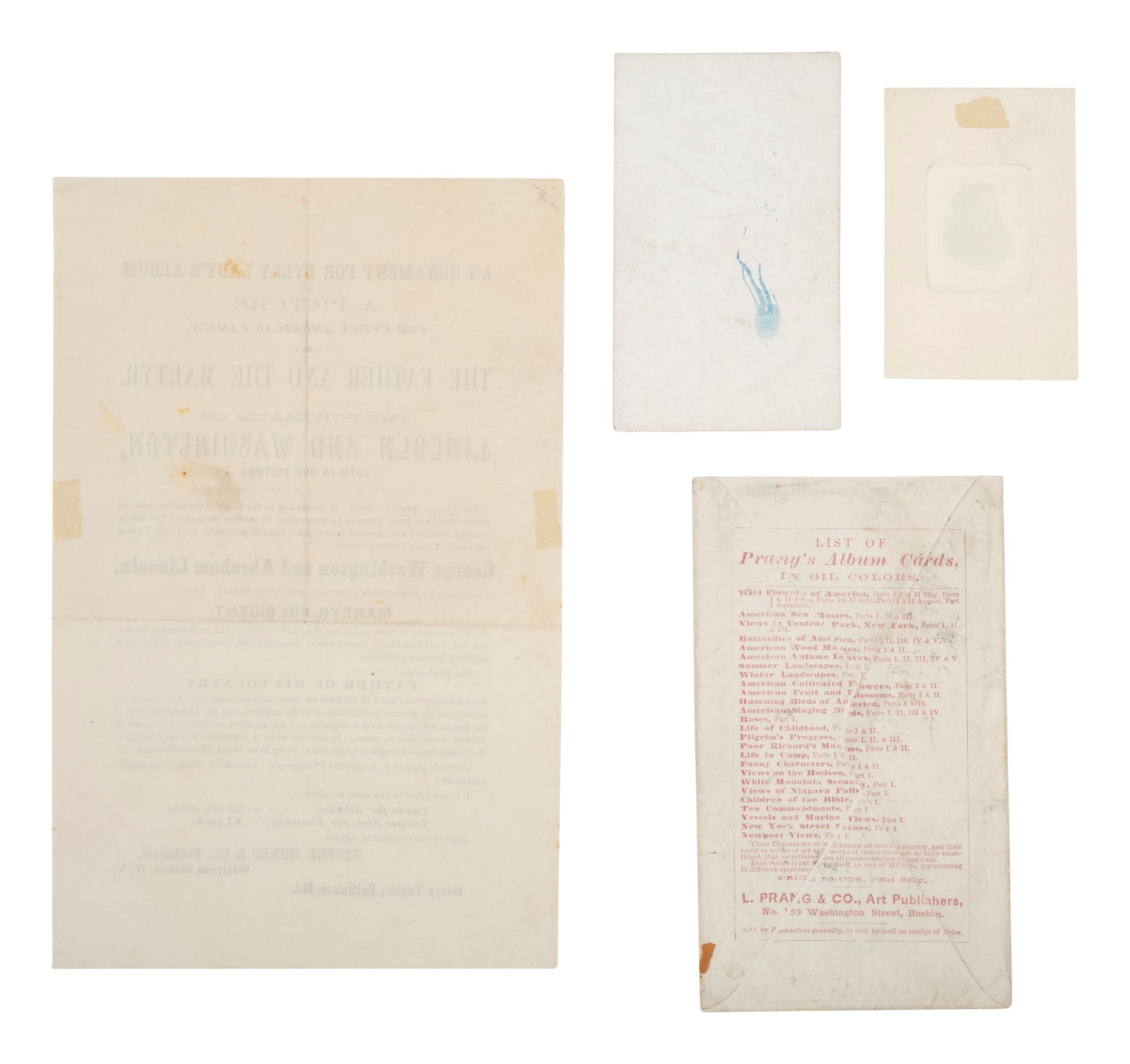 [LINCOLNIANA] 4 items incl. broadside promoting portrait of Lincoln and Washington and memorial card
