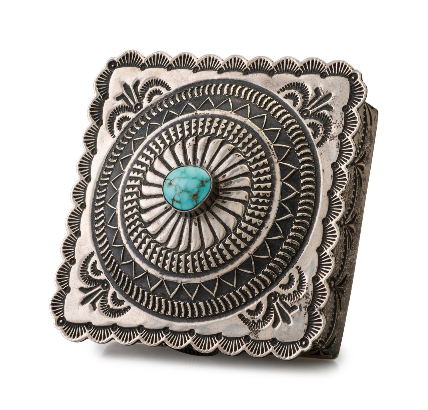 Heavily Stamped Sterling Silver Lidded Box, Set with Turquoise