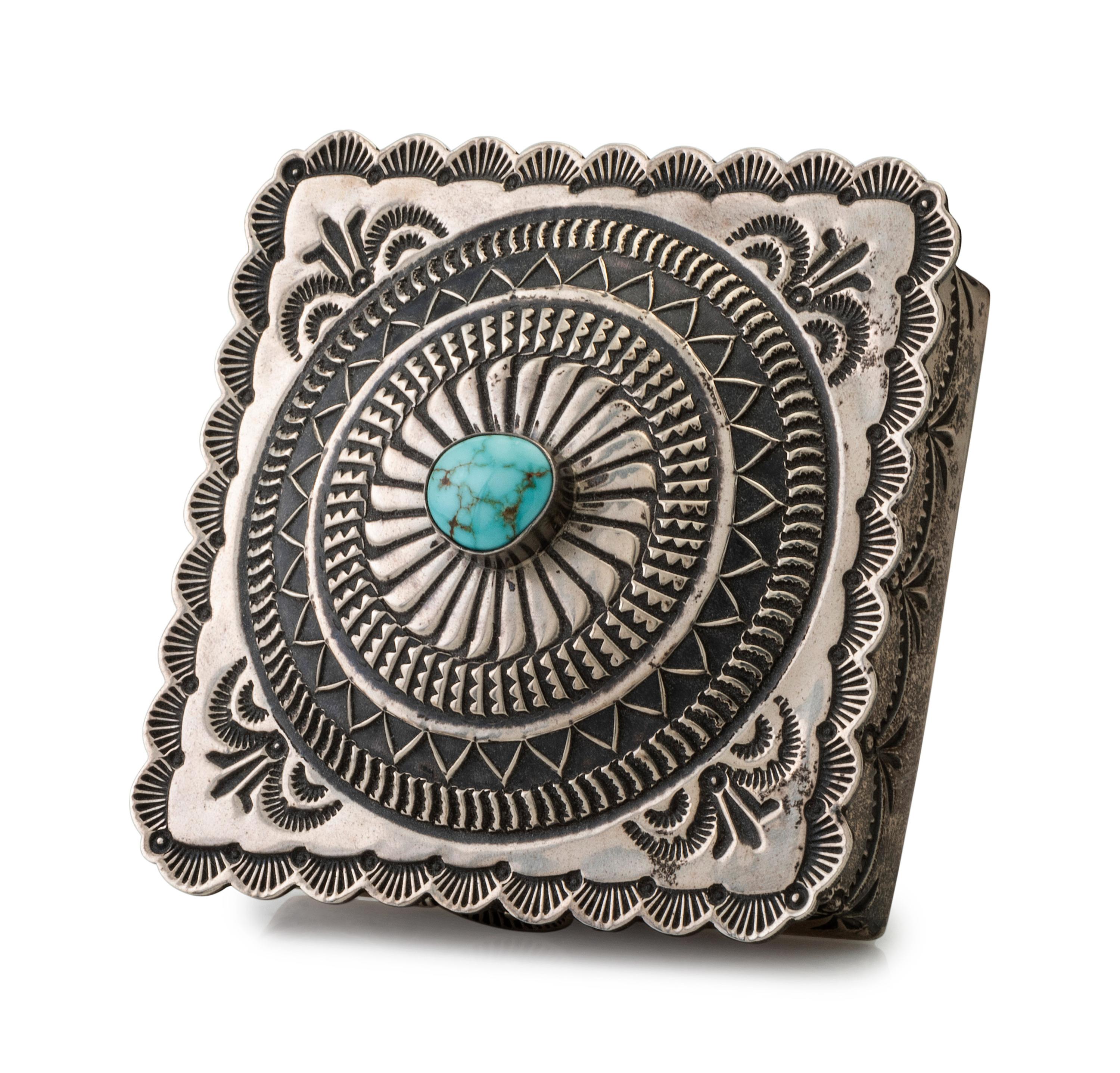 Heavily Stamped Sterling Silver Lidded Box, Set with Turquoise
