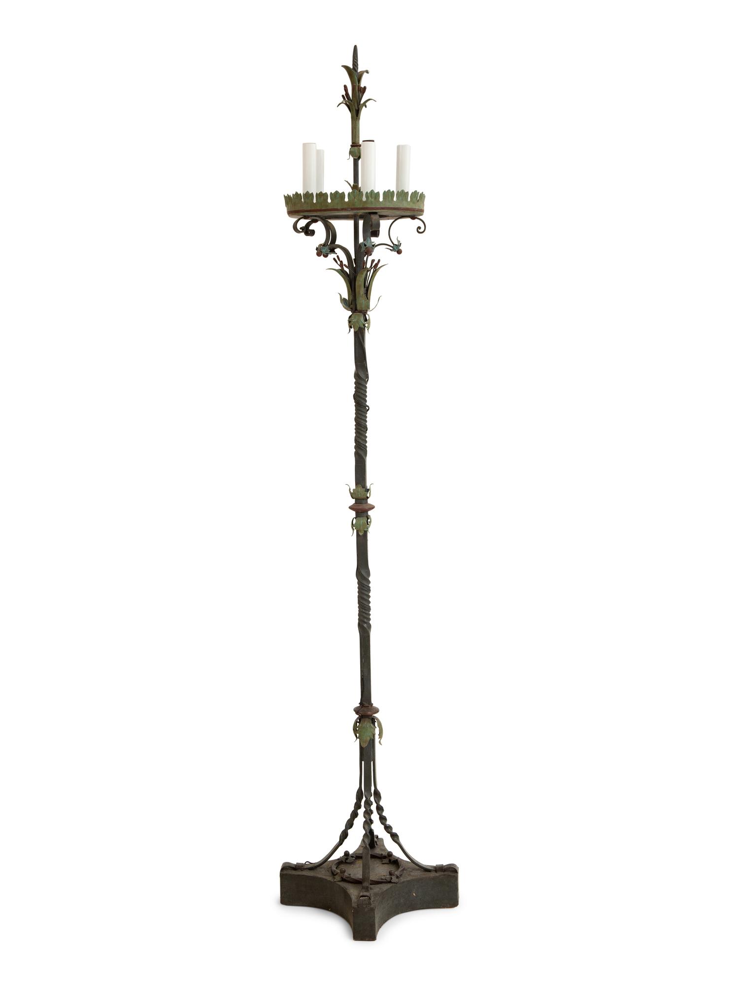 A Mizner Style Painted Tole and Wrought Iron Five-Light Torchère