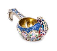 A Russian Enameled Silver Kovsh, Mark of Gabriel & Michael Grachev, Moscow, late 19th/early 20th century, having a lobed body and decor