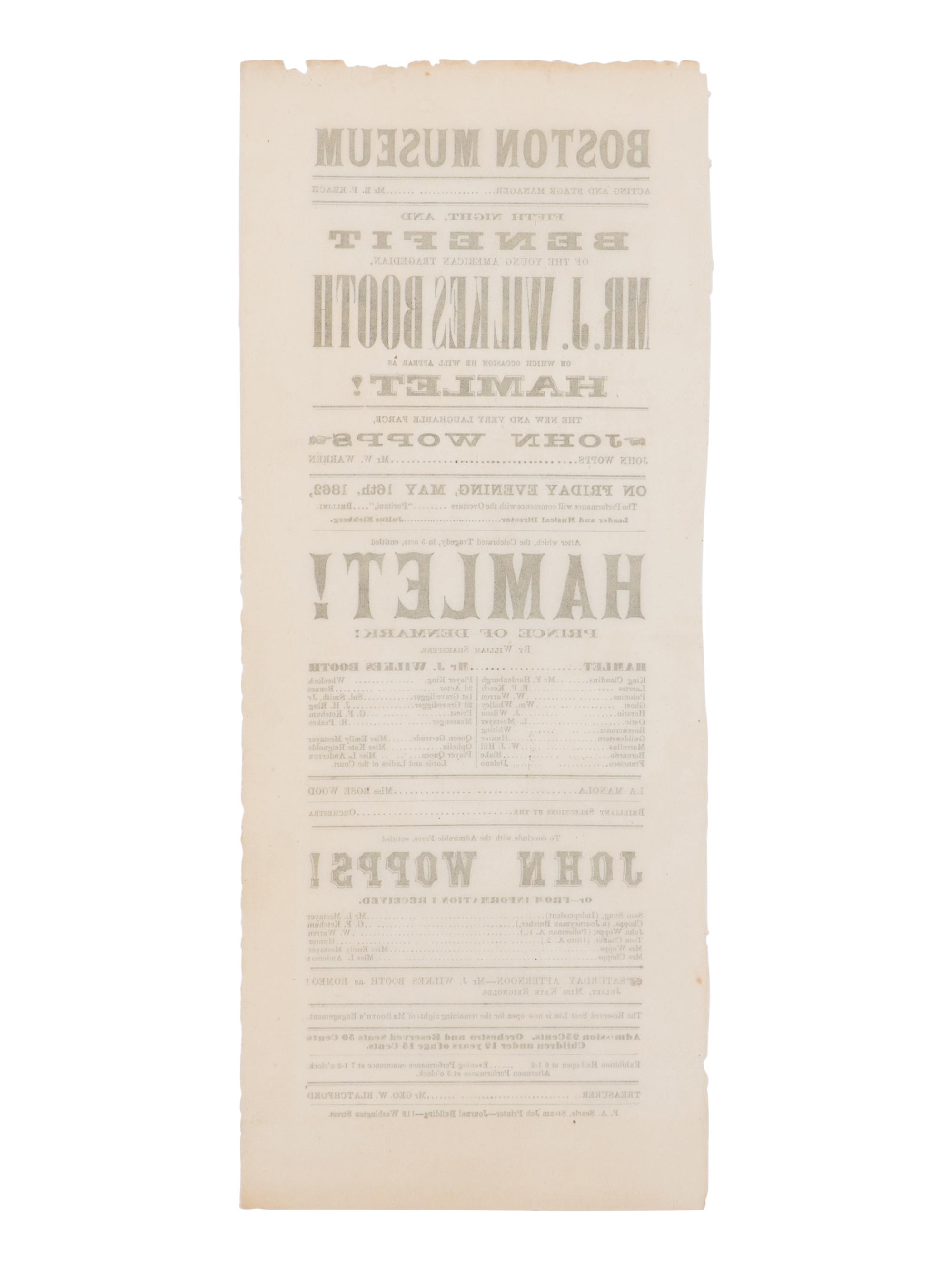 [BOOTH, John Wilkes (1838-1865)]. A broadside playbill for Booth's performance in the title role of Hamlet at the Boston Museum, 16 May 1862.