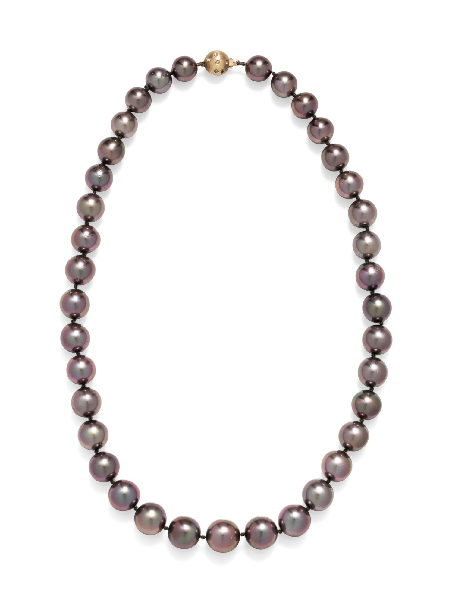 A 14 Karat Yellow Gold, Diamond and Cultured Tahitian Pearl Necklace,