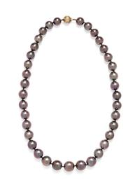 A 14 Karat Yellow Gold, Diamond and Cultured Tahitian Pearl Necklace,