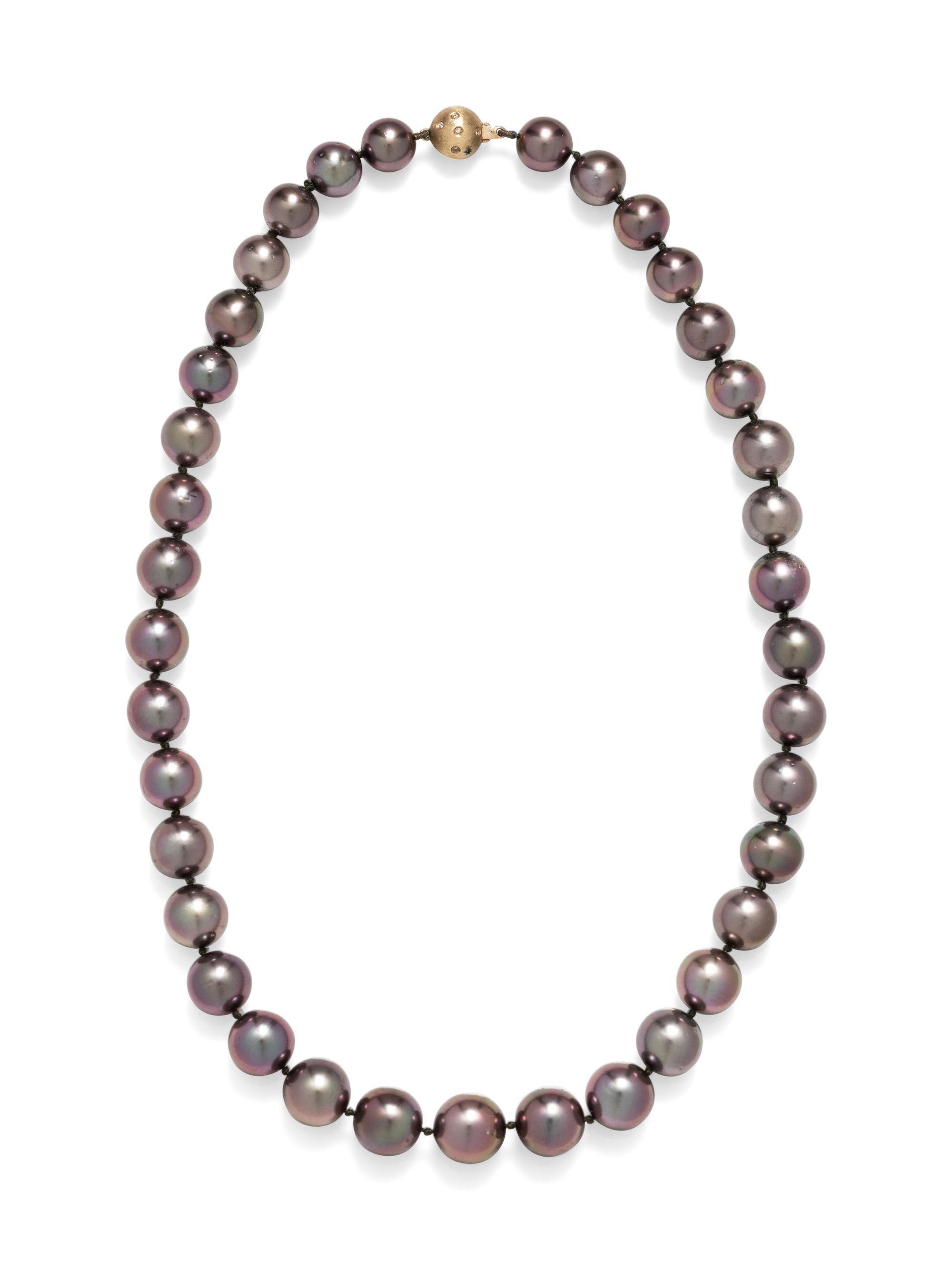 A 14 Karat Yellow Gold, Diamond and Cultured Tahitian Pearl Necklace,