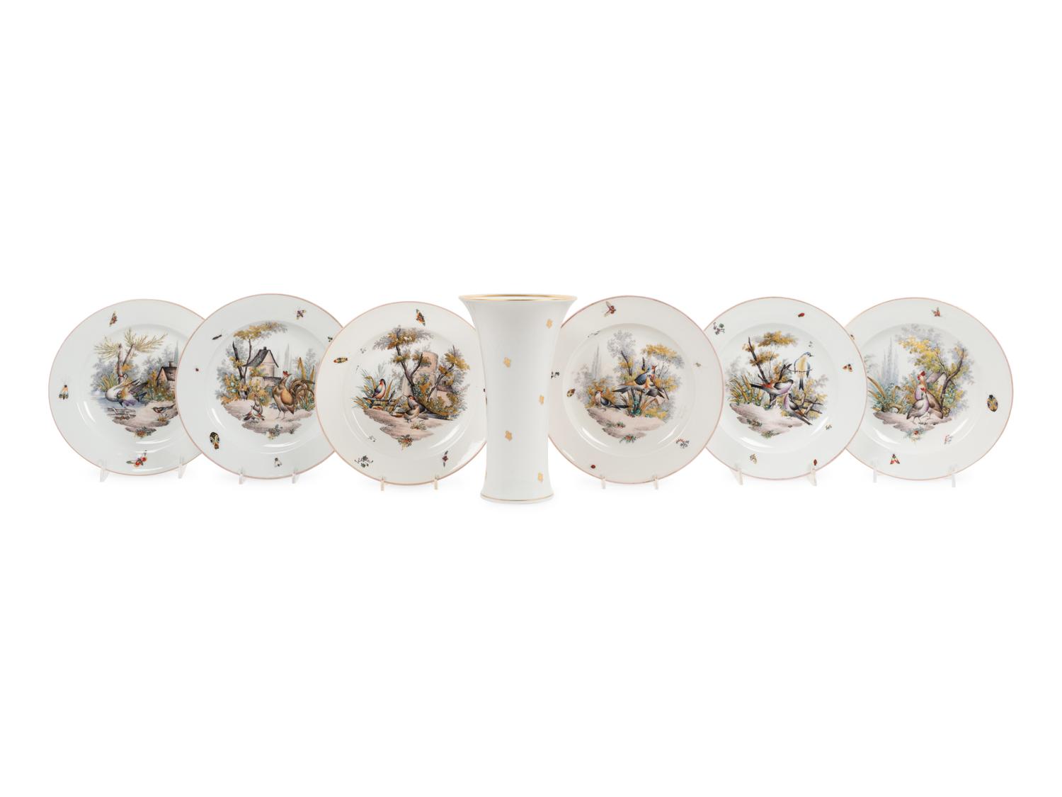 A Set of Six Porcelain Bird Plates and an Augarten Porcelain Vase
