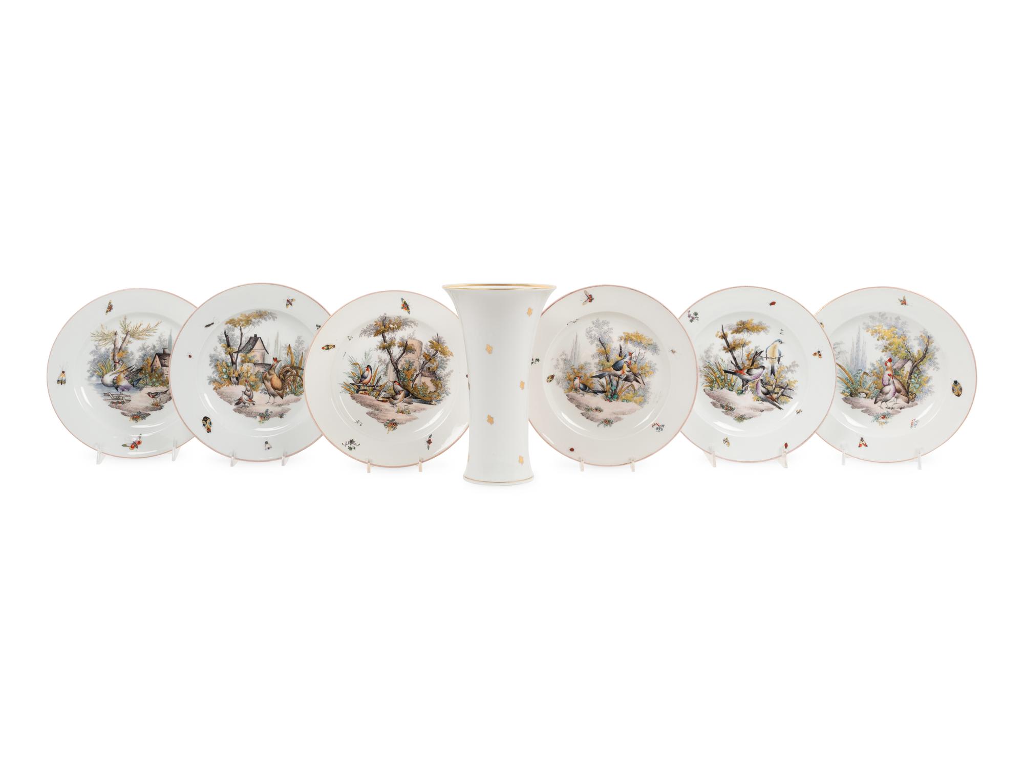 A Set of Six Porcelain Bird Plates and an Augarten Porcelain Vase