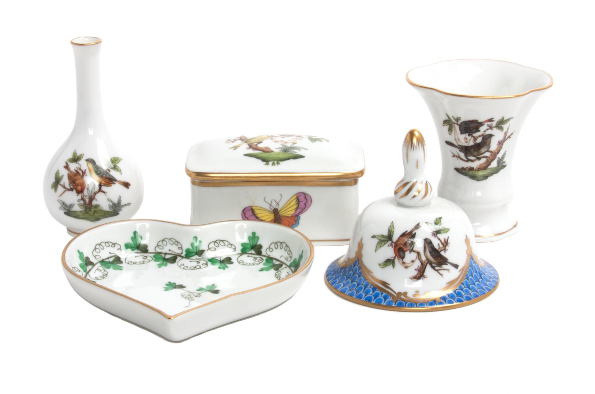 A Group of Five Herend Porcelain Miniatures Height of first 3 1/4 inches.