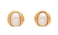 A Pair of 14 Karat Yellow Gold and Cultured Mabe Pearl Earclips,