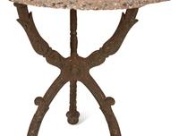 A Cast Iron Base Table with Stone Inset Concrete Top