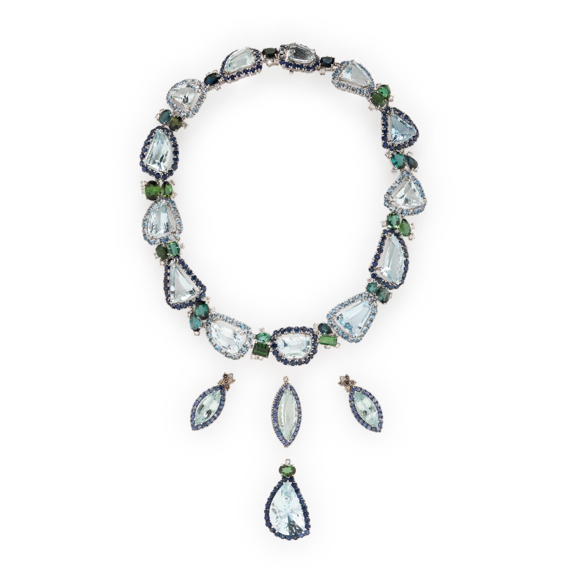 AQUAMARINE, TOURMALINE, DIAMOND, AND WHITE GOLD NECKLACE WITH CONVERTIBLE PENDANT DROPS