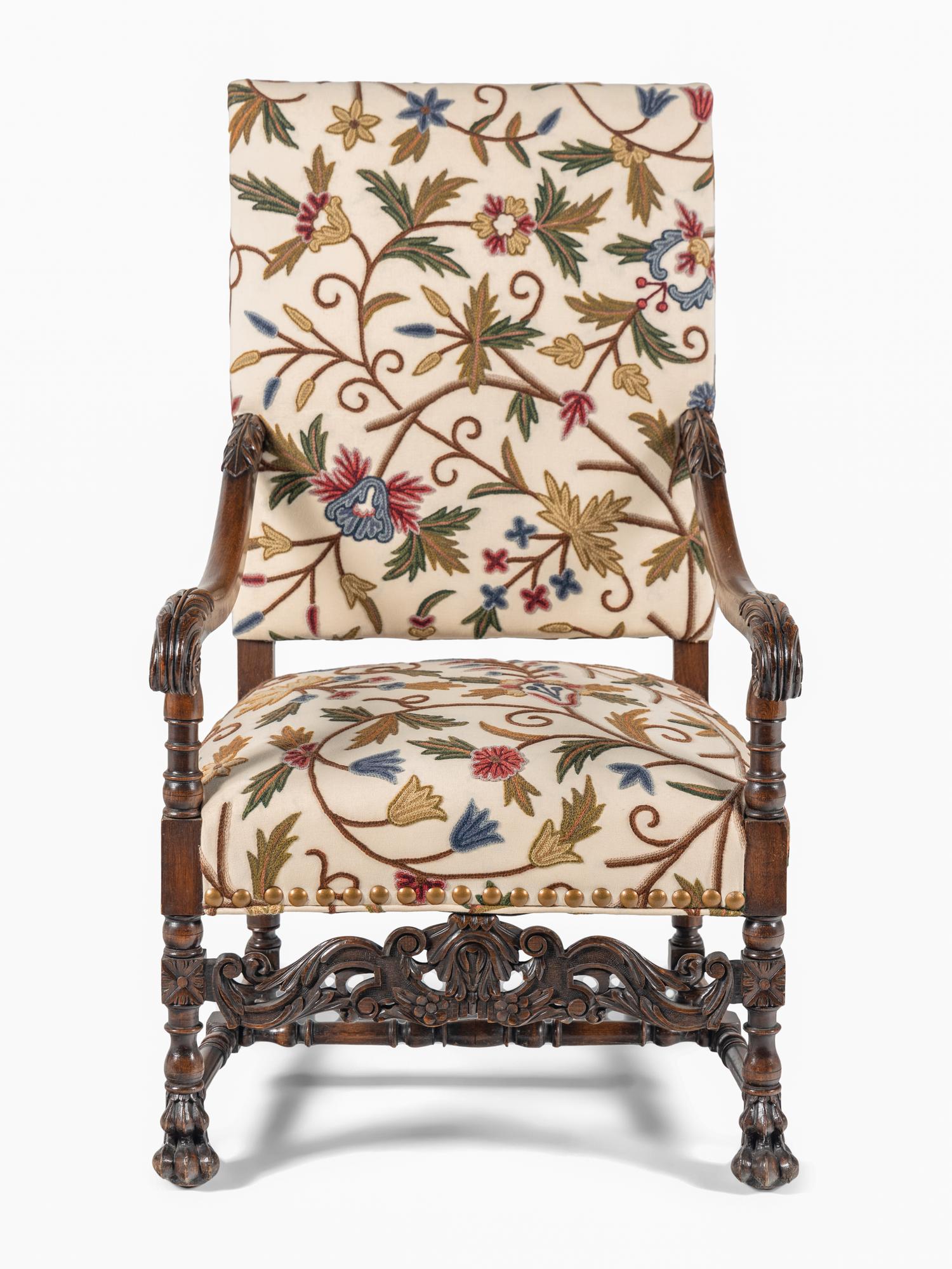 A William and Mary Style Walnut Armchair with Crewelwork Upholstery