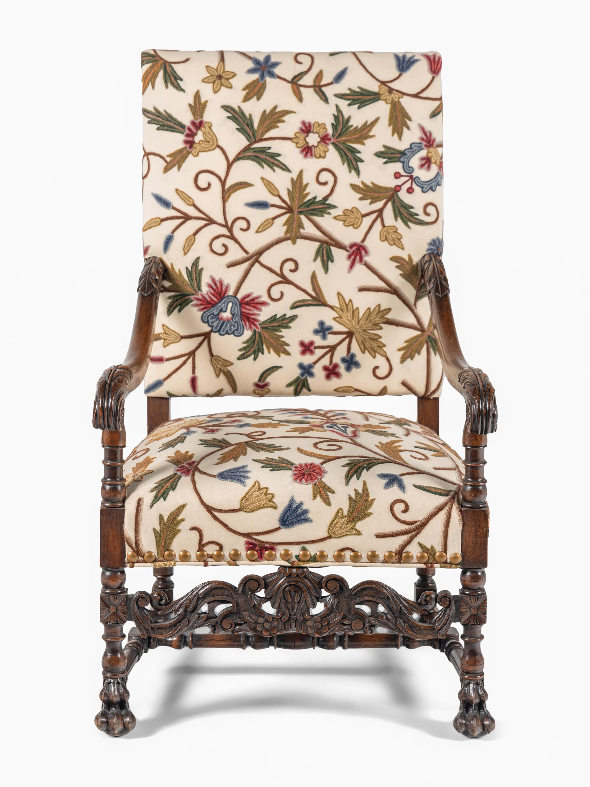 A William and Mary Style Walnut Armchair with Crewelwork Upholstery