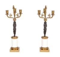 A Pair of Empire Style Gilt and Patinated Bronze and Marble Candelabra