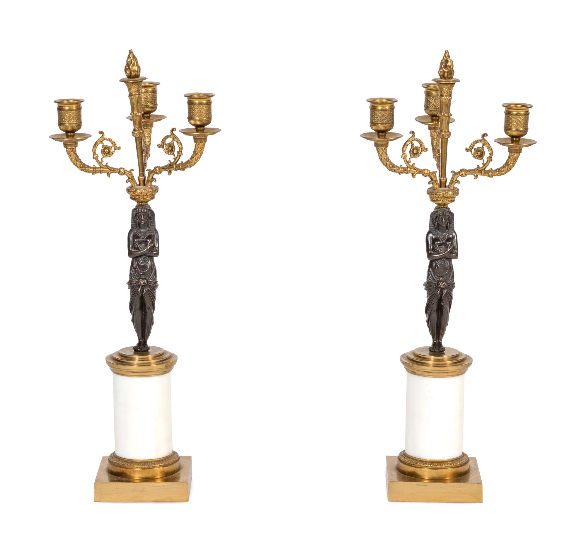 A Pair of Empire Style Gilt and Patinated Bronze and Marble Candelabra